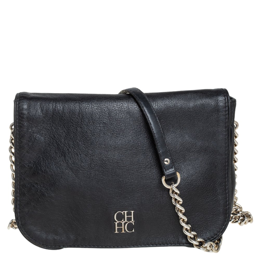 Carolina Herrera Black Leather New Baltazar Flap Shoulder Bag